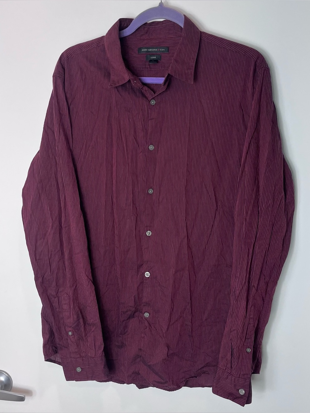 John Varvatos USA Luxe Pinstripe Button-Up Long Sleeve Shirt Red Cotton Large